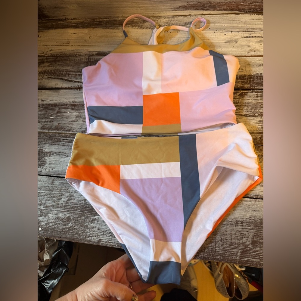 Color Block High Neck Bikini Set